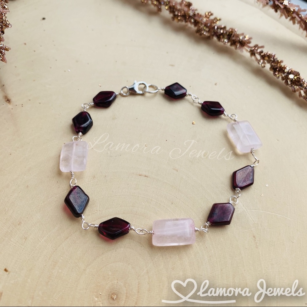 Garnet, Rose Quartz Sterling Silver Bracelet